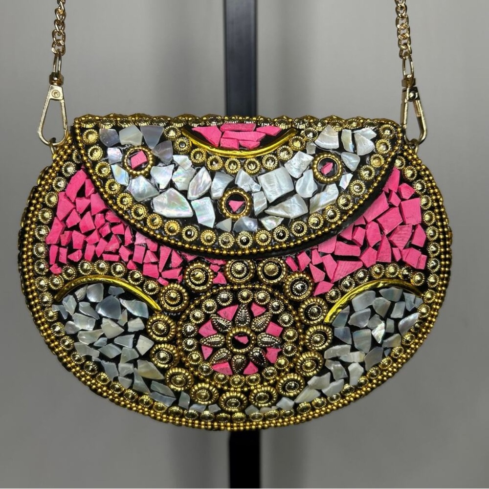 Ramla Beverly Hills Mosaic Handmade Bag gold Pink Detachable Chain NWT